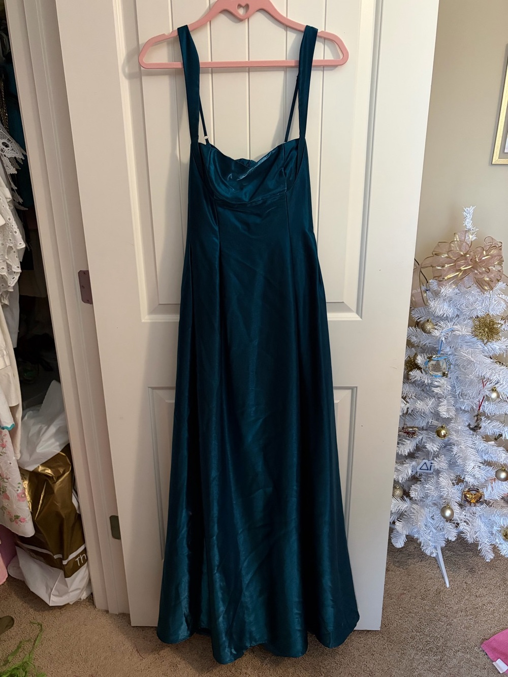lulu’s teal satin formal dress